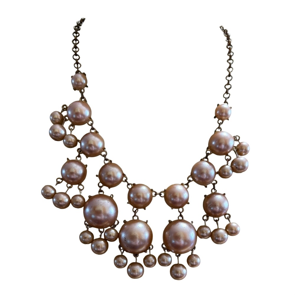 Champagne Faux Pearl Statement Bib Necklace Antique Brass Tone Chunky Wedding